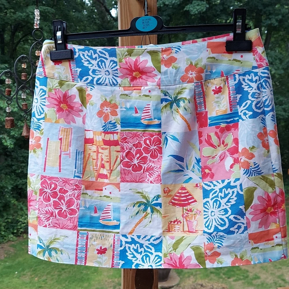 Talbots Tropical Hawaiian Palm Tree Patchwork Straight mini Skirt Sz 8
